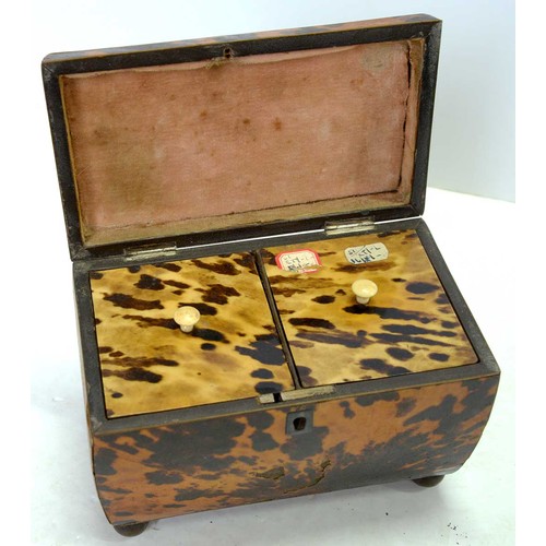 242 - A Victorian tortoiseshell tea caddy, with pagoda lid and veneered in matched blond shell, the divide... 