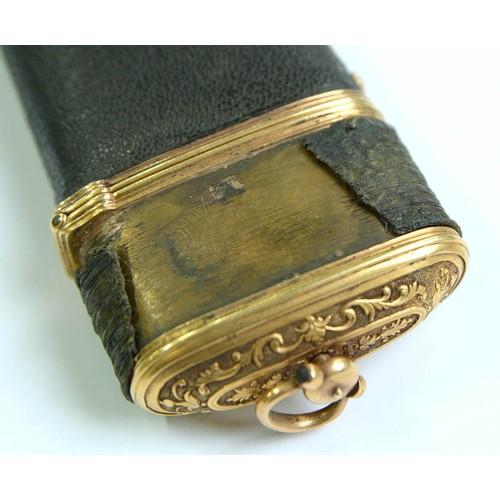 212 - A George II fishskin covered copper gilt etui,  the lid chased with stylised leaves on a sable groun... 