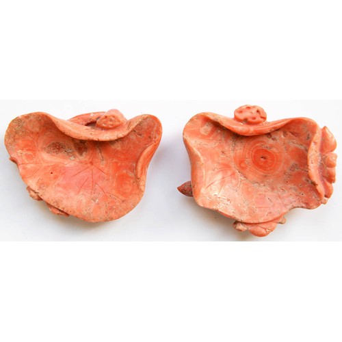 229 - Two Chinese coral carvings of a lotus leaf, late 19th / early 20th c, approximately 60mm, 32 and 42g... 