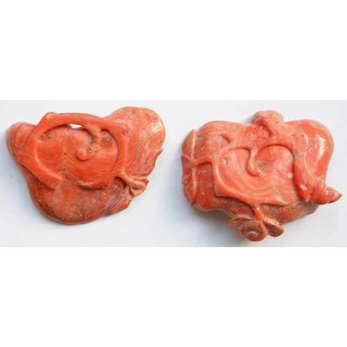 229 - Two Chinese coral carvings of a lotus leaf, late 19th / early 20th c, approximately 60mm, 32 and 42g... 