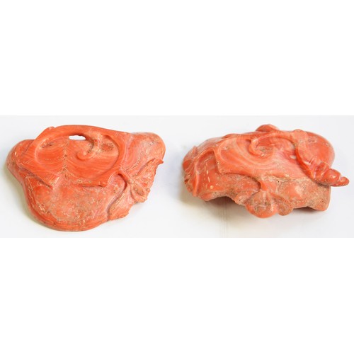 229 - Two Chinese coral carvings of a lotus leaf, late 19th / early 20th c, approximately 60mm, 32 and 42g... 