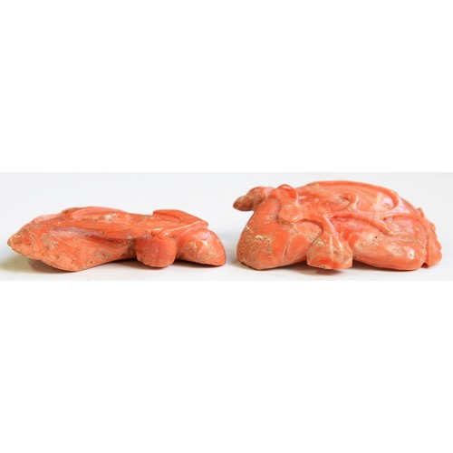 229 - Two Chinese coral carvings of a lotus leaf, late 19th / early 20th c, approximately 60mm, 32 and 42g... 