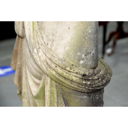 378 - A three quarter life sized marble statue of a partly draped young woman, 19th c,  on round base, 156... 