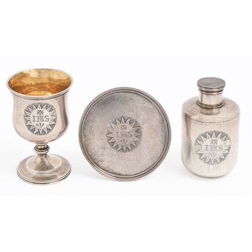 96 - A Victorian silver communion set of Visitation of the Sick, engraved with the sacred monogram, compr... 