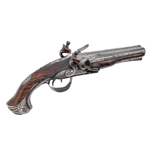 308 - An English 32 bore silver mounted full stock double barrel flintlock pistol, c1770, the barrels with... 