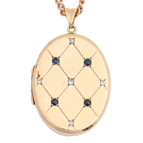 1 - An oval sapphire and diamond locket, in 9ct gold, 33mm, on gold flat curb chain, marked 375, 26.5g... 