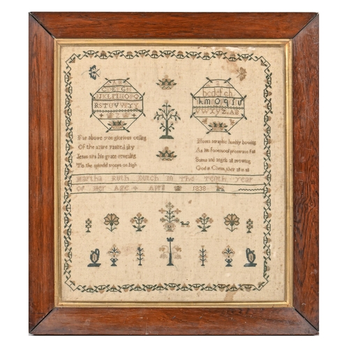 1032 - A Victorian linen sampler, Martha Ruth Dutch in the Tenth year of her Age April 1838, worked with oc... 