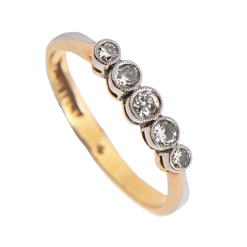 107 - A five stone diamond ring, millegrain collet setting, gold hoop marked PLAT 18CT, 2.5g... 