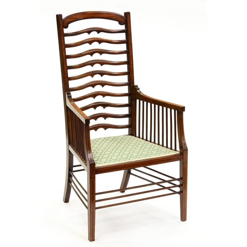 1375 - An Edwardian mahogany and satinwood banded ladderback armchair, with padded seat, 111cm h... 