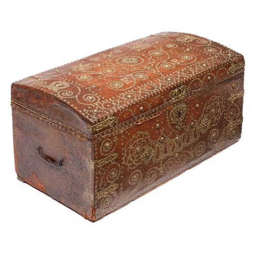 1382 - A George II brass-studded leather-covered travelling trunk, Henry Nickles London, of wood with domed... 