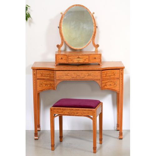 1386 - A satinwood, tulipwood, marquetry and ebony dressing table, dressing mirror and stool, by Max Cooper... 