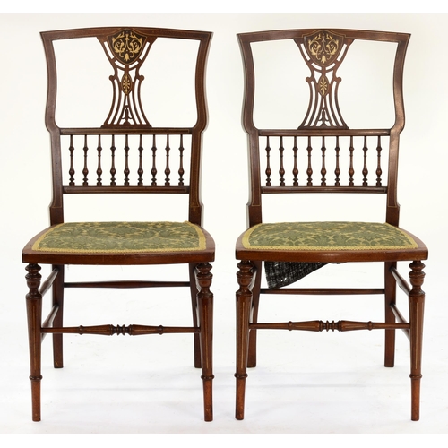 1387 - A pair of Edwardian mahogany and bone inlaid bedroom chairs, with pierced splat and spindle back, pa... 