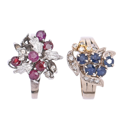 140 - A sapphire and diamond ring and a ruby and diamond ring, both in white gold, one marked 14k 585, 9.3... 