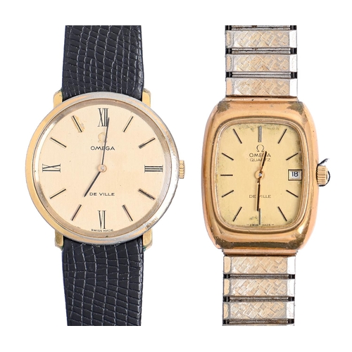 27 - An Omega gold plated gentleman's wristwatch, De Ville, 32mm diam and an Omega gold plated oblong lad... 