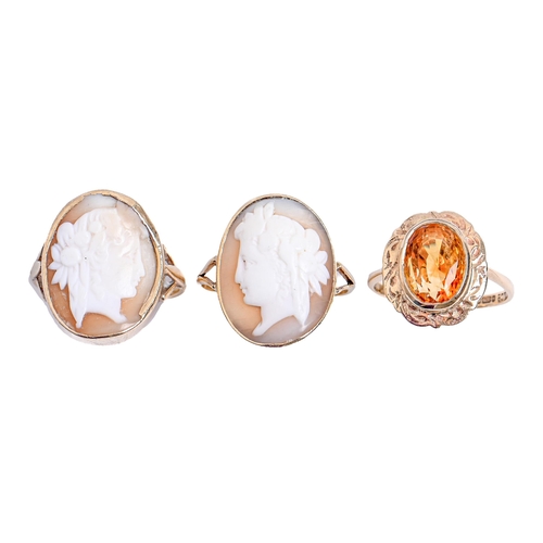 39 - Two cameo rings and a citrine ring, in gold, 9ct or marked 9ct, 11.8g, various sizes... 