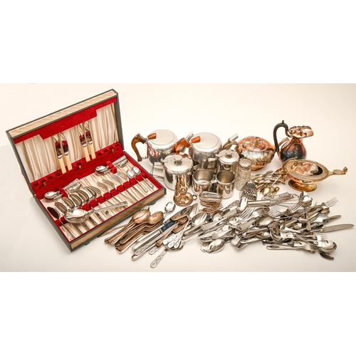 513 - Miscellaneous pated ware, to include a late Victorian lamp shaped spoon warmer, flatware and two pew... 