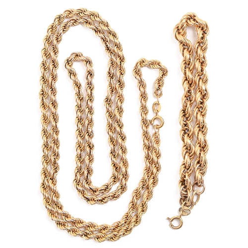 54 - A gold rope necklace, 74cm l, marked 9k, 11.8g  and a similar gold bracelet marked 750, 11.8g (2)... 