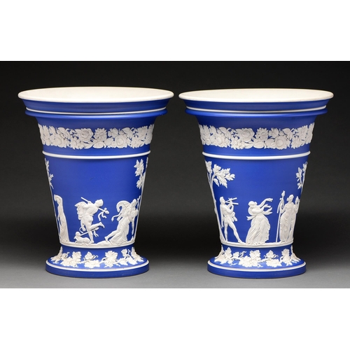 550 - A pair of Wedgwood jasper ware vases of exhibition quality, c1860, in dark blue jasper dip and ornam... 