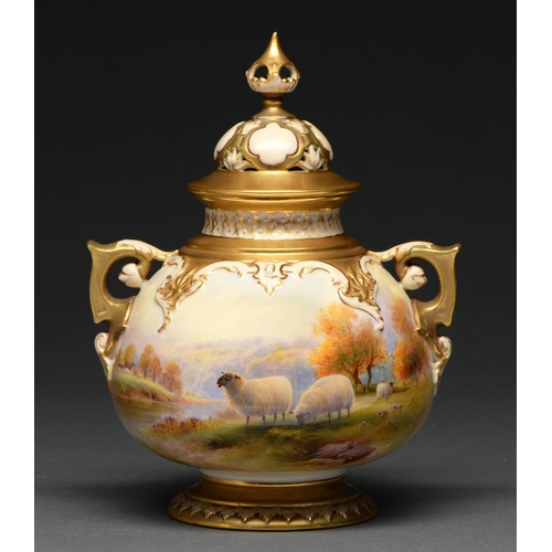 551 - A fine Royal Worcester pot pourri vase and cover, 1925, painted by H Davis, signed, with sheep by a ... 