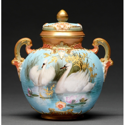 552 - A Royal Worcester scroll handled pot pourri vase and cover, 1904, painted by C H C Baldwyn, signed, ... 