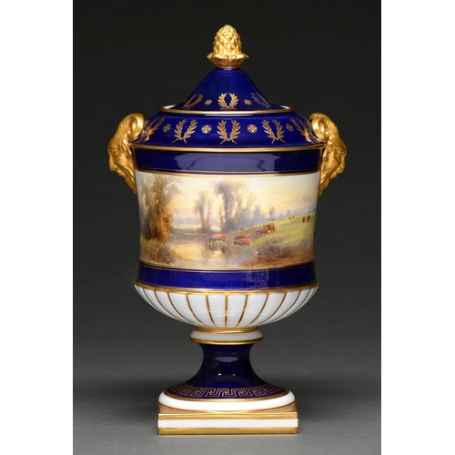 553 - A Royal Worcester cobalt ground ram's head vase and cover, 1903, painted by John Stinton, signed, wi... 