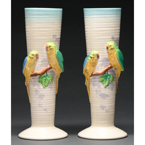 560 - Clarice Cliff. A pair of A J Wilkinson Lovebirds vases, 1937-48, 32cm h, printed mark... 