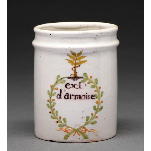 565 - Pharmaceutical ceramics. A French faience drug jar, early 19th c, painted with the Tree of Knowledge... 
