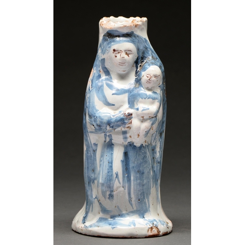 566 - A French faience figural flask or bottle, second half 18th c, in the form of the Virgin and Child, 2... 