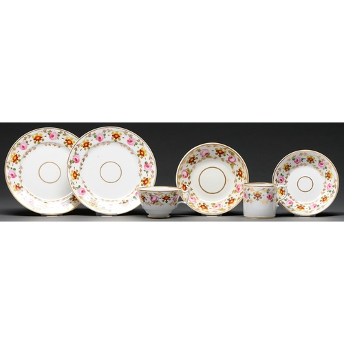 573 - A Derby coffee can and saucer, teacup and saucer and pair of plates, c1820, painted with trailing fl... 