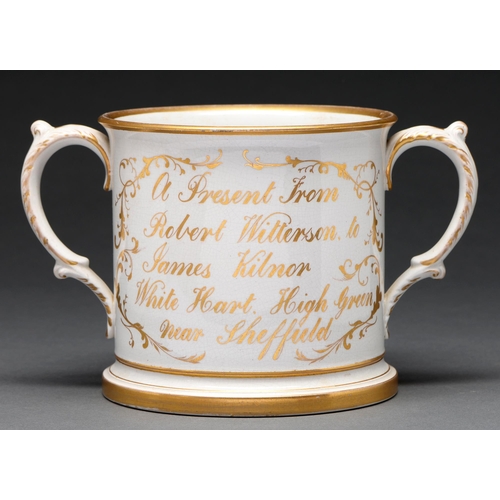 576 - An earthenware loving cup, c1870, painted with cabbage roses and inscribed in gilt A Present from Ro... 