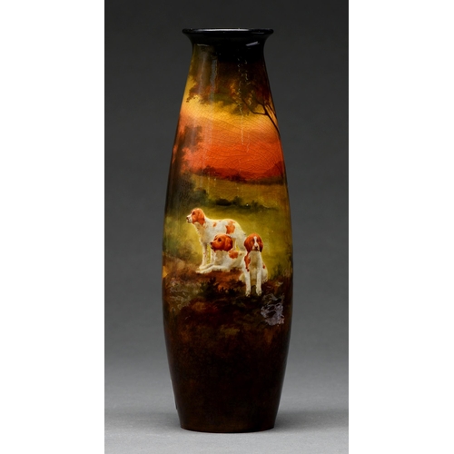 577 - A Royal Doulton Holbein Ware slender oviform vase, 1895-1903, painted by Kelsall, signed, with three... 