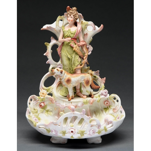 586 - A Sitzendorf pierced porcelain vase, early 20th century, set with the figure of a classical maiden a... 