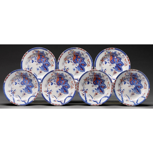 592 - A set of seven Copeland & Garrett blue printed and enamelled bone china plates, c1830, decorated... 