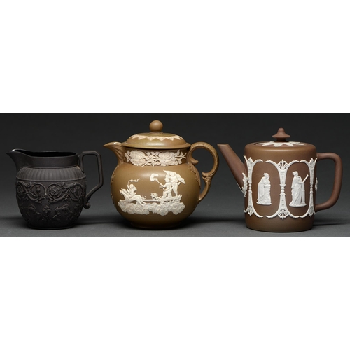 599 - An Adams & Bromley brown jasper ware teapot and cover, 1873-86, sprigged with classical figures,... 