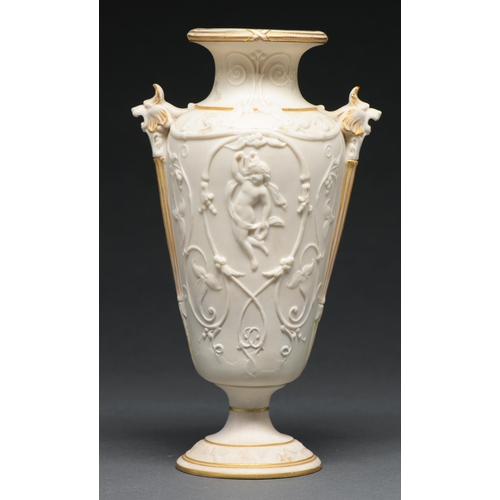 614 - A Copeland gilt Parian Ware vase, c1870, moulded with putti and flowers, 26cm h, impressed mark... 