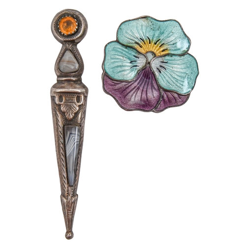 83 - A silver and translucent enamel pansy brooch, early 20th c, 26mm, marked STERLING SILVER and a Scott... 