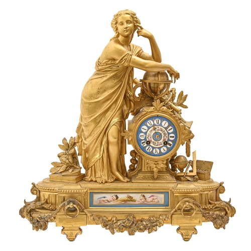 918 - A French spelter gilt mantel clock, c1880, in the form of a classical maiden emblematic of, possibly... 