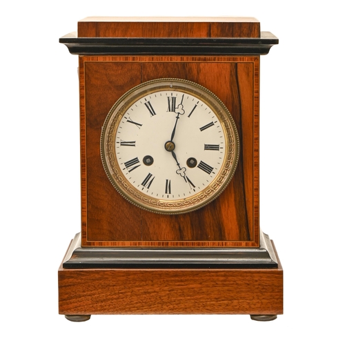 921 - A French walnut, tulipwood and ebonised mantel clock, late 19th c, with enamel dial and bell strikin... 