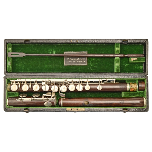 929 - An early 20th c rosewood flute, Rudall, Carte & Co Ltd, 23 Berners St, London, nickel plated key... 