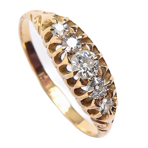 93 - A diamond five stone ring, with old cut diamonds, in gold marked 18ct, 2.6g, size P