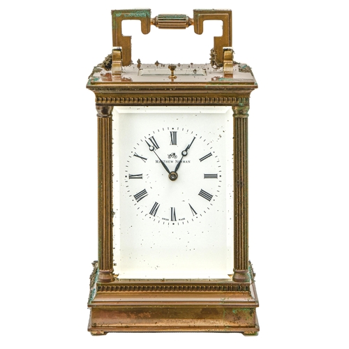 941 - A Matthew Norman brass carriage clock, late 20th c, with repeating movement, 15cm h excluding handle... 