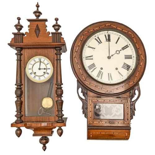 946 - A Victorian walnut and crossbanded trunk dial wall clock, pendulum, 70cm h and a walnut 'Vienna' wal... 