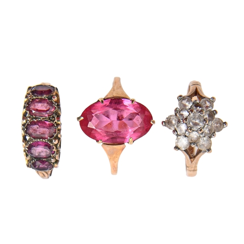 98 - A Victorian amethyst ring, in 15ct gold, Birmingham 1900 and two gem set 9ct gold rings, 5.9g (3)... 