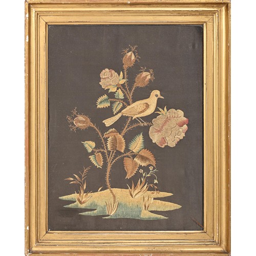 1035A - A Regency silk embroidered picture of a bird and rose,  on brown ground, 36 x 27cm... 