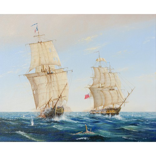 1122 - Edward Hersey (1948 - ) - A Naval Battle, signed, oil on canvas, 49 x 59cm