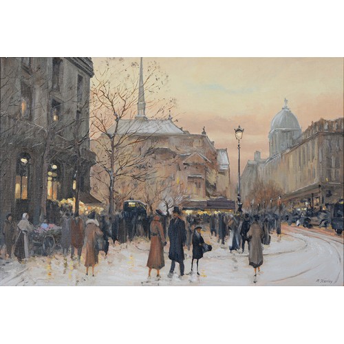 1119 - M Stanley, 20th / 21st c - Fin de siecle Paris in Winter, signed, oil on canvas, 59.5 x 90cm... 