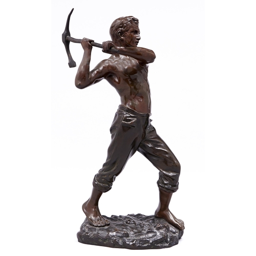 458 - A French bronze statuette of a miner, c1900, cast from a model by Gamboge, medium and golden brown p... 