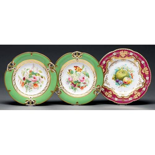 563 - One and a pair of Staffordshire bone china dessert plates, probably John Ridgway, c1840, painted wit... 