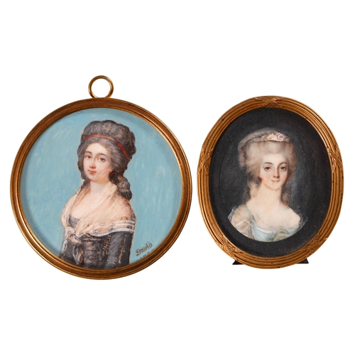 574 - Two French portrait miniatures of ladies in 18th c dress, late 19th c, ivory, 67mm diam or oval 60mm... 