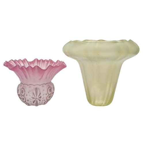 576 - A semi-opalescent glass early electric pendant lampshade and another of partly frosted moulded pink ... 